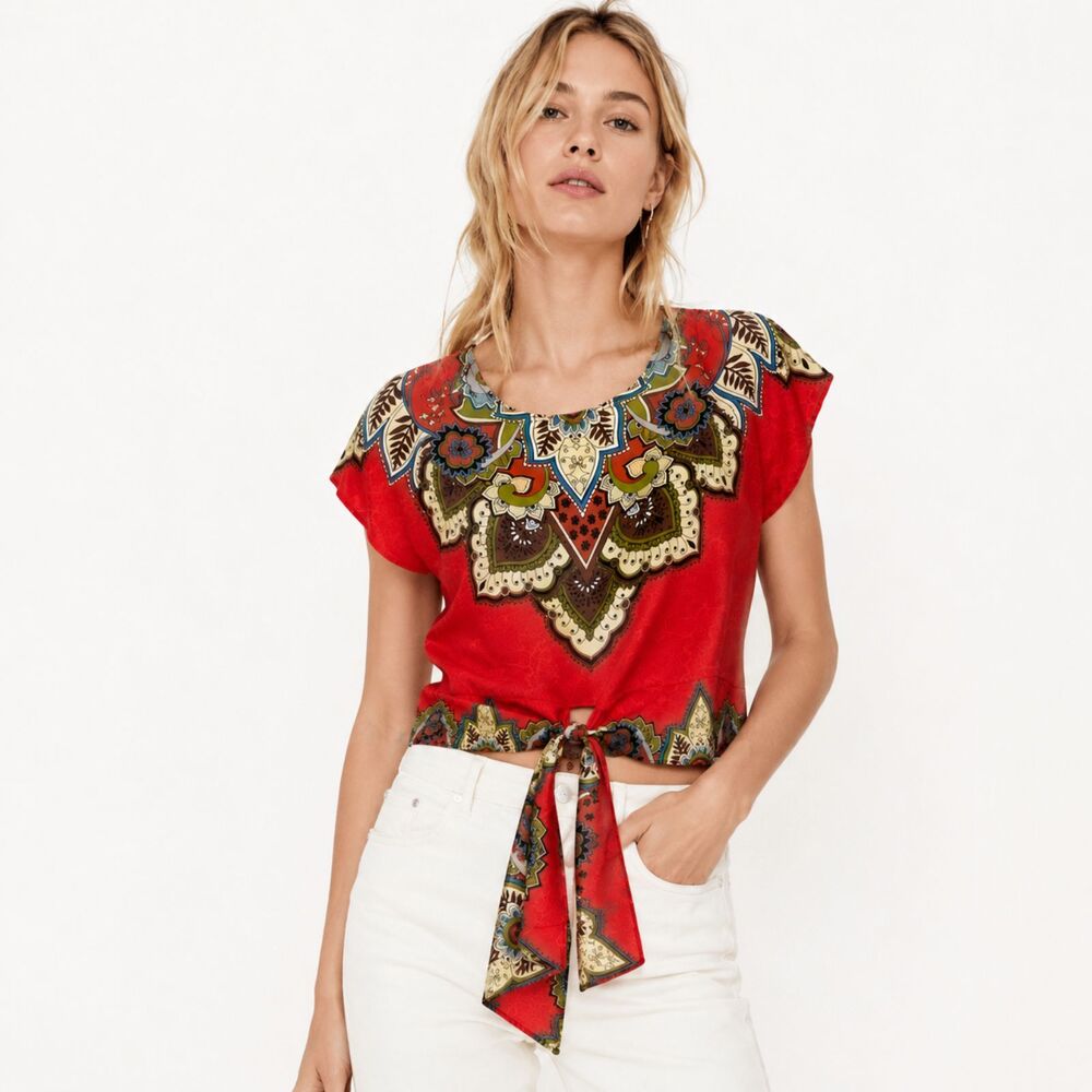 Walker Boutique Boho Tie Front Crop Top Red Floral Festival Indie Blouse Small